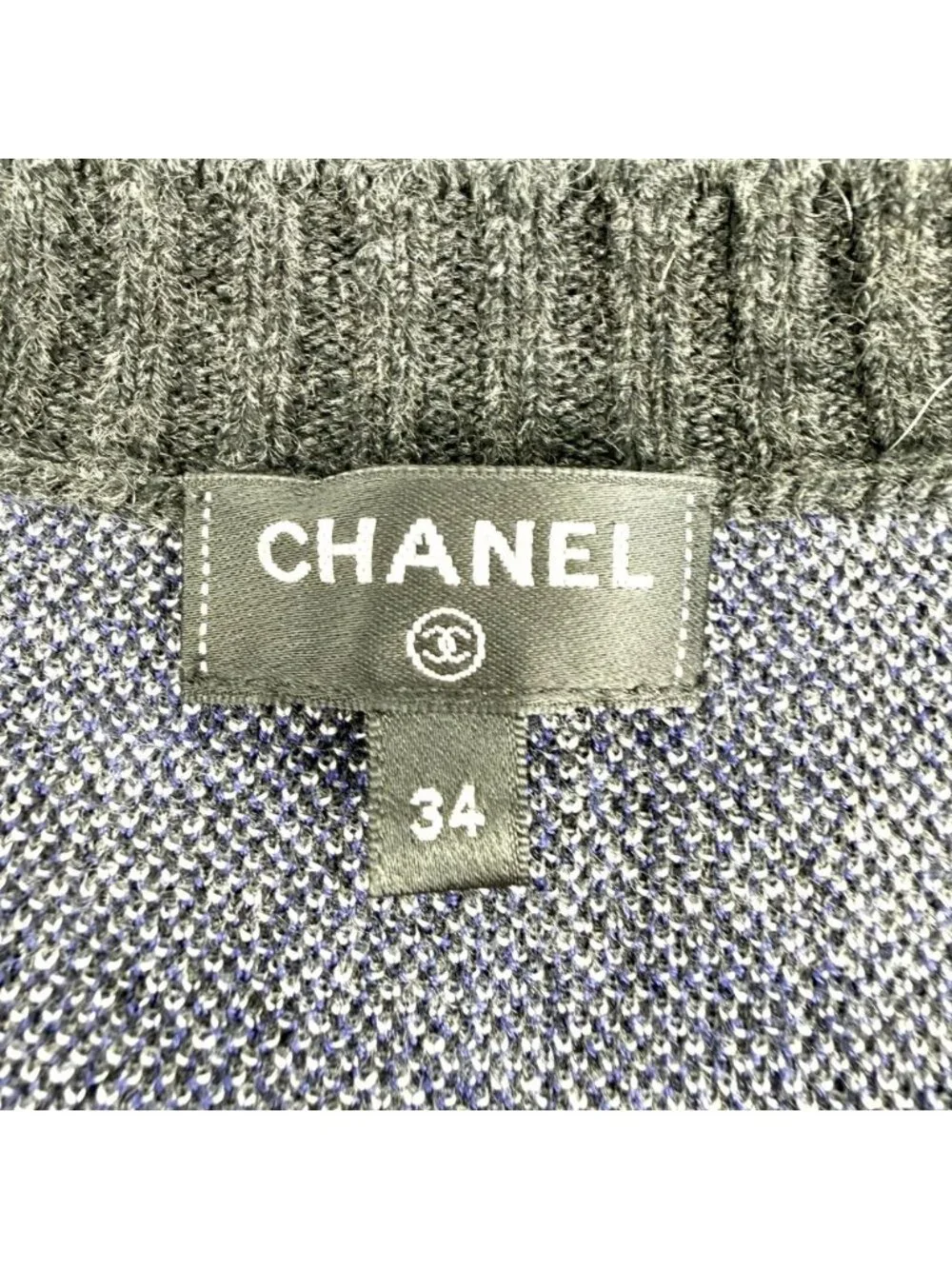 Chanel Dress Knit V-neck Check Black Gray Cashmere Wool Autumn Winter 34